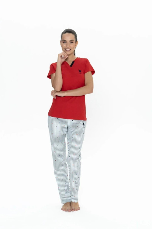 Kadın V Yaka Yarım Kollu Patlı Çizgili Pijama Takım