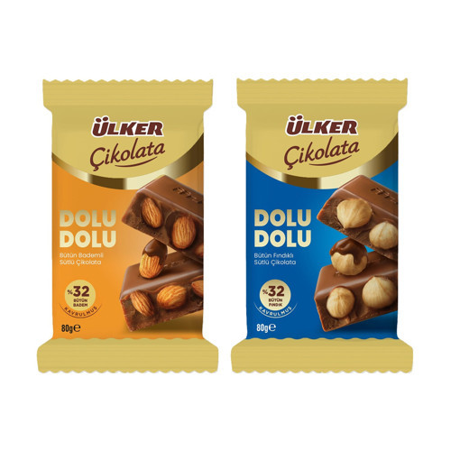 Dolu Dolu Sütlü Bütün Fındıklı ve Bademli Çikolata 80 gr 2 li
