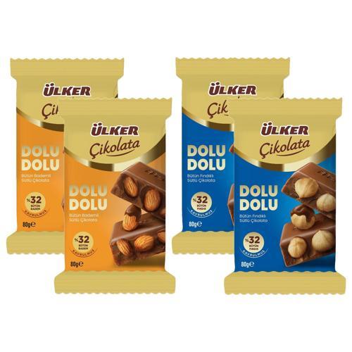 Dolu Dolu Sütlü Bütün Fındıklı ve Bademli Çikolata 80 gr 4 lü Karma