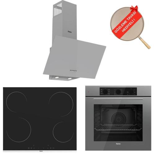 FlowArt Monteo  Vitroseramik Elektrikli Gri Ankastre Set ( QBL62CPR + MS261 + D088  )