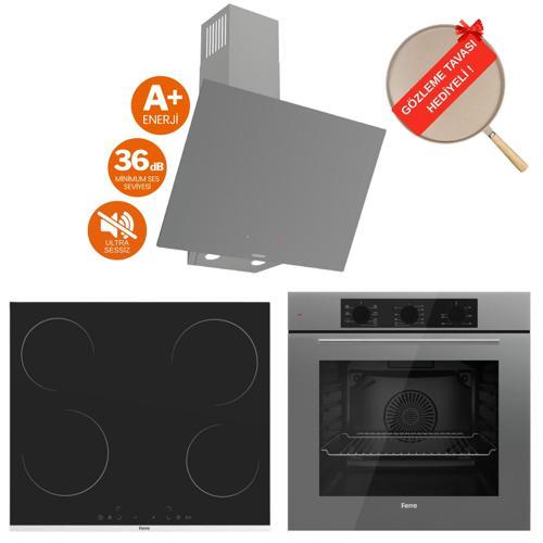 FlowArt Vita Vitroseramik Elektrikli Gri  Ankastre Set ( D079-SA Sessiz + MS261 + QBL62CPR)