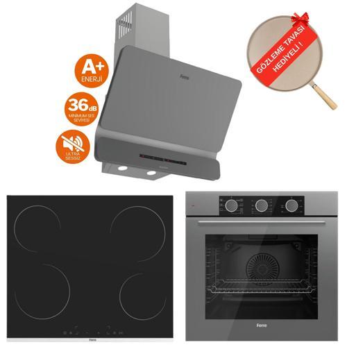 FryArt&FlowArt Vitroseramik Elektrikli Gri Ankastre Set ( D082-SA Sessiz + MS261 + QXE62CPR )