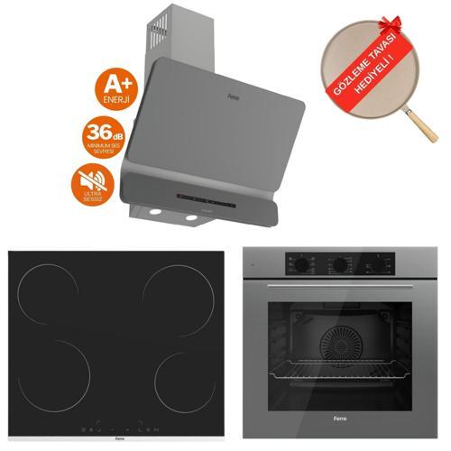 FlowArt Vivo Vitroseramik Elektrikli Gri  Ankastre Set ( D082-SA Sessiz + MS261 + QBL62CPR)