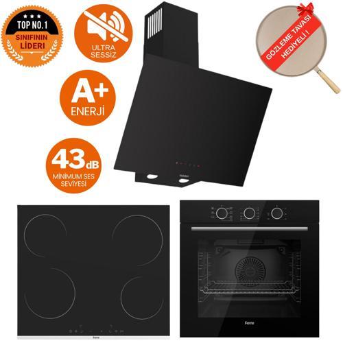 FryArt & FlowArt Legno Sessiz Davlumbaz Elektrikli Siyah Ank. Set (D077-SA + MS261 + QXE62CS)