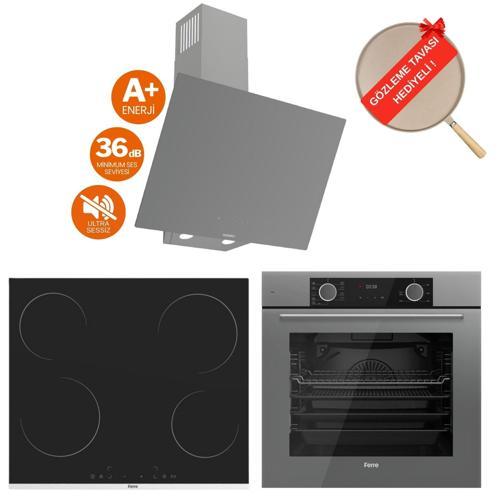 FryArt Milovia Vitroseramik Elektrikli Gri  Ankastre Set ( D079-SA Sessiz + MS261 + XE63CPR)