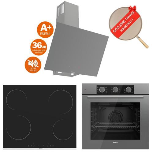 FryArt Vitello Vitroseramik Elektrikli Gri  Ankastre Set ( D079-SA Sessiz + MS261 + QXE62CPR)