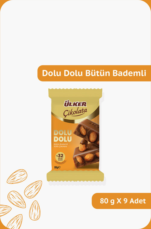 DOLU DOLU %32 Bütün Bademli Sütlü Çikolata - 80 gram - 9 Adet