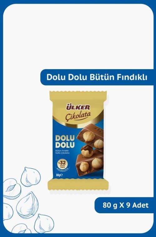 DOLU DOLU %32 Bütün Fındıklı Sütlü Çikolata - 80 gram - 9 Adet