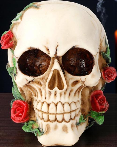 Gotik Dizayn Gül Desenli Kafatası Biblo Dekoratif Kurukafa Heykel Cadılar Bayramı Ev Ofis Süs Eşyası