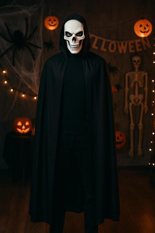 Cadılar Bayramı Halloween Siyah Kapüşonlu 120 cm Pelerin + Kafatası Maske Kostüm Seti