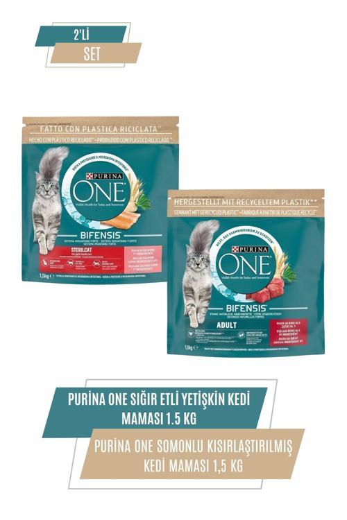 Sığır Etli Yetişkin Kedi Maması 1.5 Kg+Purina One Somonlu Kısırlaştırılmış Kedi Maması 1,5 Kg