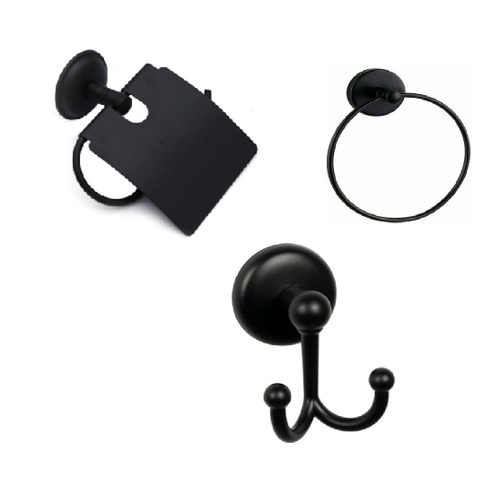 MK Yapışkanlı Siyah Üçlü Banyo Aksesuar Seti - Yuvarlak Havluluk - Banyo Askısı - Kapaklı Tuvalet Kağıtlık
