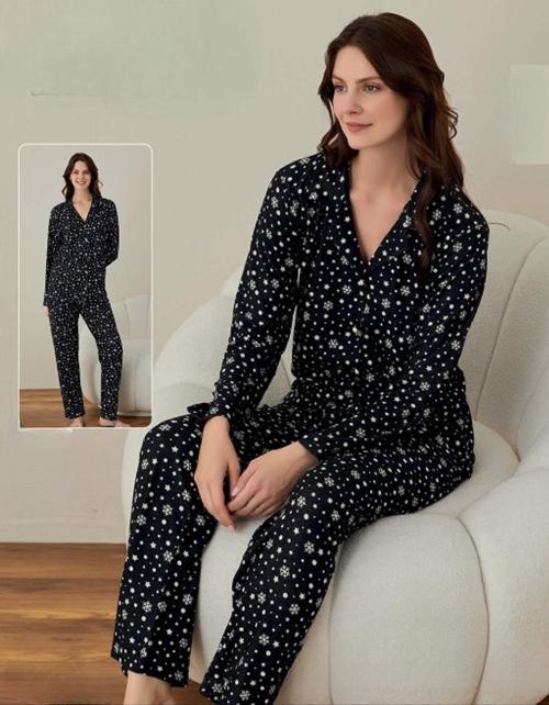 Kadın İnce Süet Boydan Düğmeli KIŞLIK Pijama Takımı 02019- 1 Adet