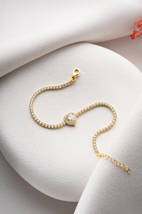 925 Ayar Gümüş Gold Kaplama Beyaz Taşlı Kalp 2 mm Zirkon Taşlı Suyolu Bileklik