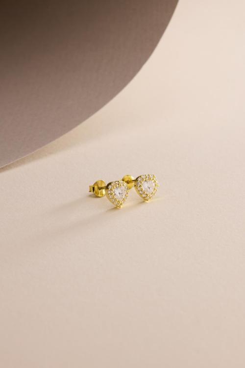 925 Ayar Gümüş Gold Kaplama Beyaz Taşlı Kalp Model Küpe