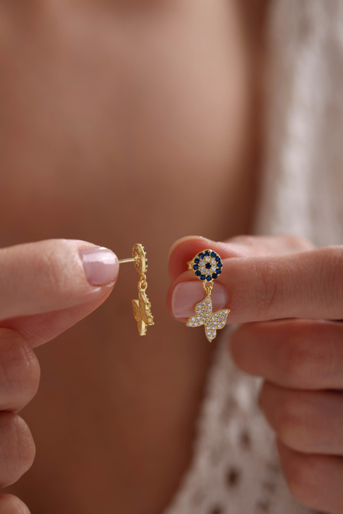 925 Ayar Gümüş Gold Kaplama Minik Nazar Sallantılı Kelebek Küpe