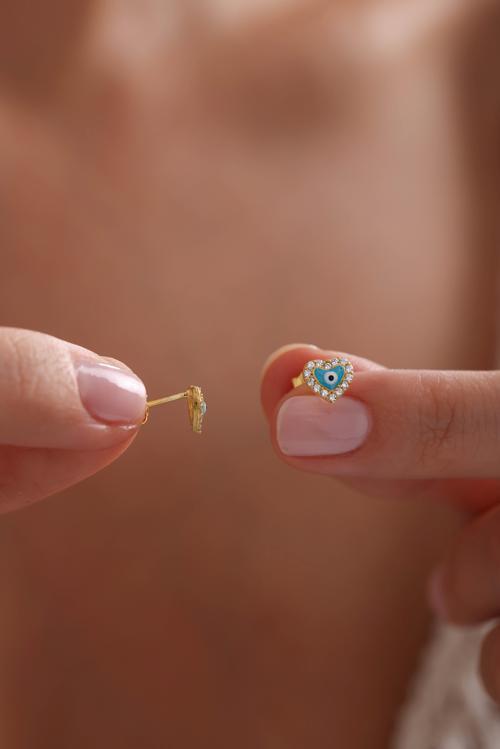 925 Ayar Gümüş Gold Kaplama Minik Turkuaz Mineli Nazar Kalp Küpe