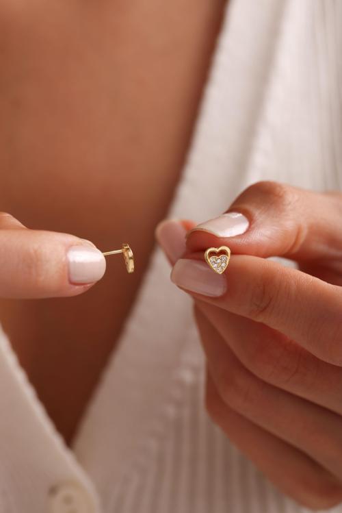 925 Ayar Gümüş Gold Kaplama Minik Çift Kalp Küpe