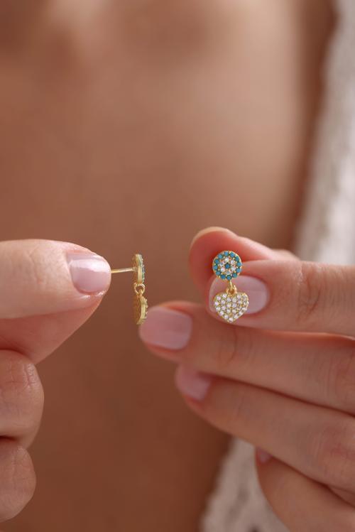 925 Ayar Gümüş Gold Kaplama Minik Turkuaz Nazar Sallantılı Kalp Küpe