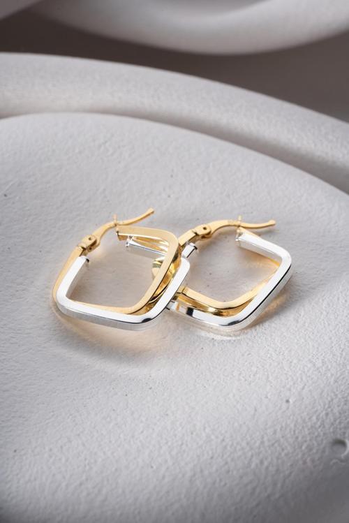 925 Ayar Gümüş Çift Renk Köşeli Kare Model Şarnel Küpe