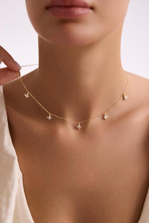 925 Ayar Gümüş Gold Kaplama Beyaz Taşlı Şans Kelebek Kolye