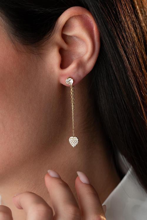 925 Ayar Gümüş Gold Kaplama 5 Mm Tektaş Sallantılı Zincir Kalp Model Küpe