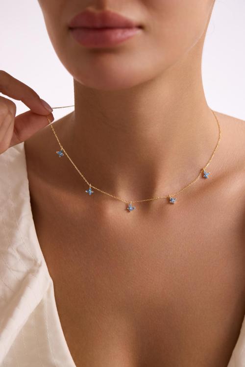 925 Ayar Gümüş Gold Kaplama Aquamarin Taşlı Şans Kelebek Kolye