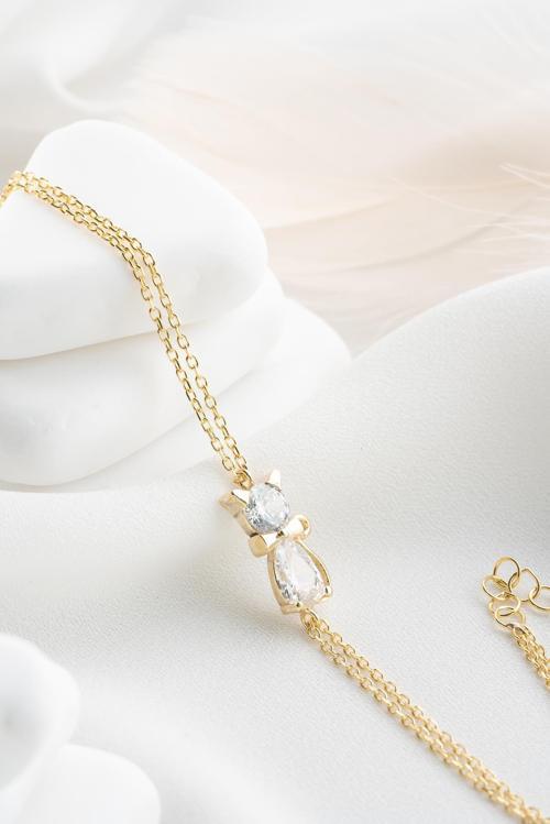 925 Ayar Gümüş Gold Kaplama Beyaz Zirkon Taşlı Kedi Bileklik