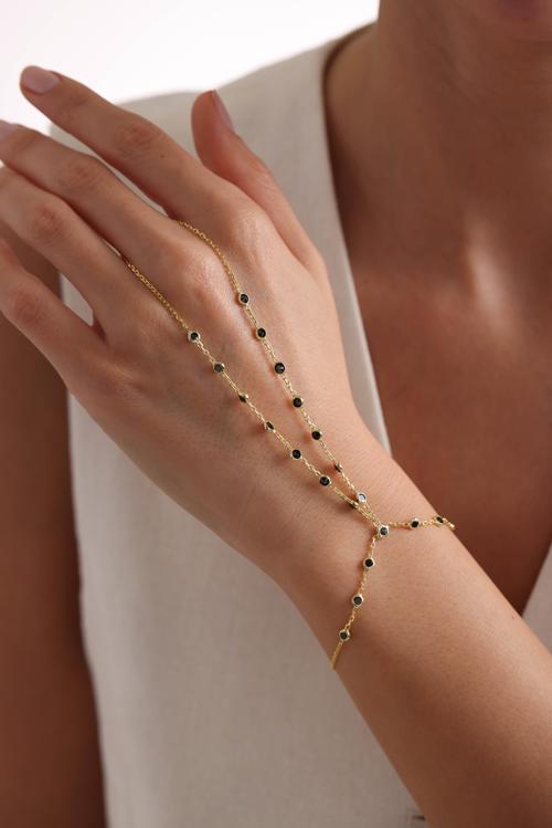 925 Ayar Gümüş Gold Kaplama Siyah Zirkon Taşlı Zincir Şahmeran Bileklik 