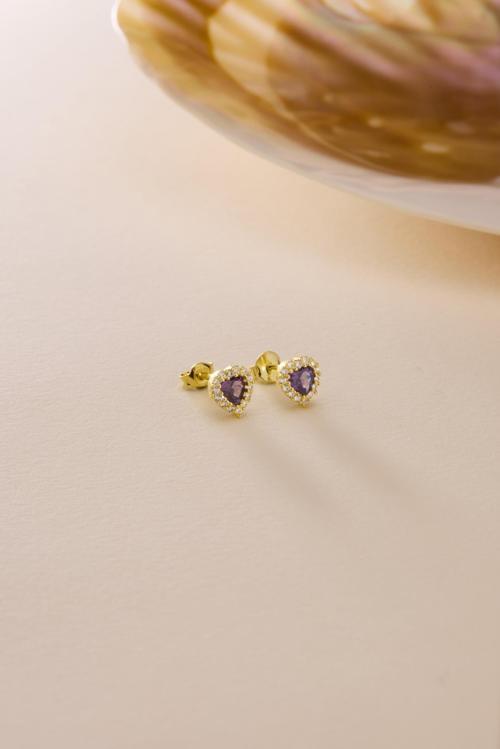 925 Ayar Gümüş Gold Kaplama Mor Taşlı Kalp Model Küpe