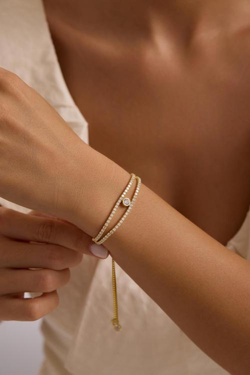 925 Ayar Gümüş Gold Kaplama Ayarlanabilir Asansörlü  Çift Sıra Su Yolu Tektaş Model Bileklik