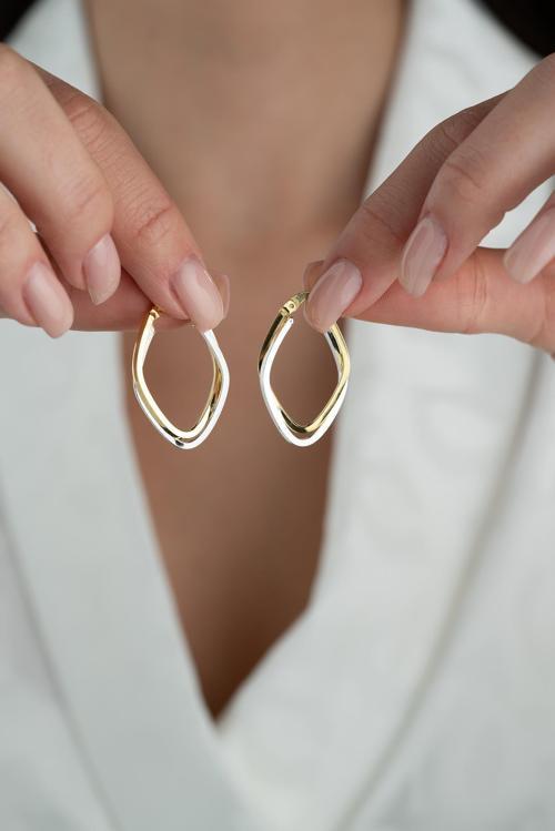 925 Ayar Gümüş Çift Renk Köşeli Şarnel Küpe