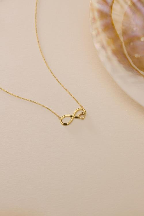 925 Ayar Gümüş Gold Kaplama Sade Model Sonsuzluk Kalp Kolye