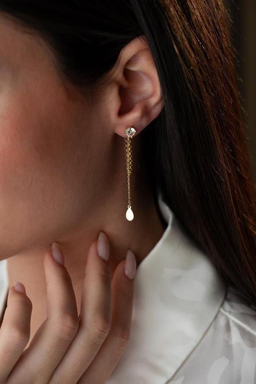 925 Ayar Gümüş Gold Kaplama 5 Mm Tektaş Sallantılı Zincir Sade Damla Model Küpe