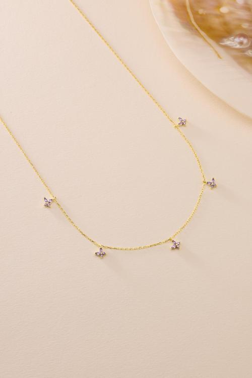 925 Ayar Gümüş Gold Kaplama Mor Taşlı Şans Kelebek Kolye