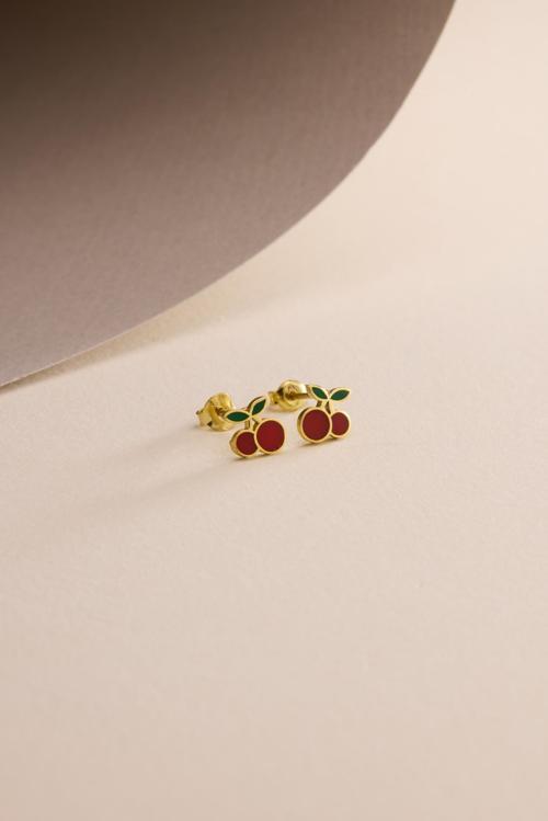 925 Ayar Gümüş Gold Kaplama Minik Kiraz Küpe