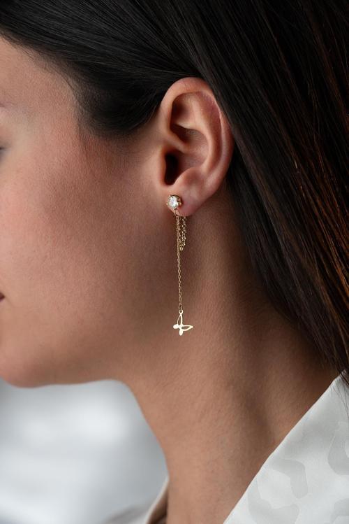 925 Ayar Gümüş Gold Kaplama 5 Mm Tektaş Sallantılı Zincir Sade Kelebek Küpe