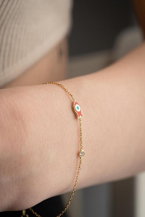 925 Ayar Gümüş Gold Kaplama Tektaş Detay Minimal Balık Bileklik