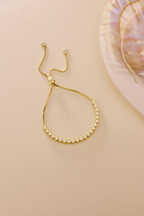 925 Ayar Gümüş Gold Kaplama Ayarlanabilir Asansörlü Su Yolu 4 mm Zirkon Taşlı Bileklik