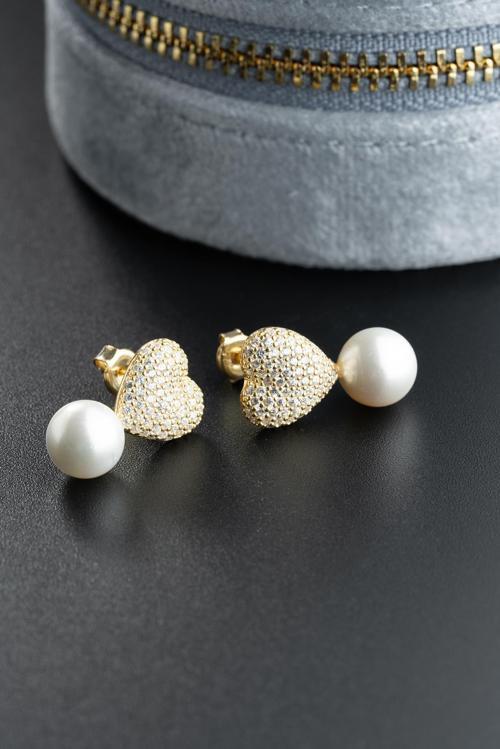 925 Ayar Gümüş Gold Kaplama İncili Kalp Küpe