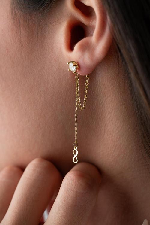 925 Ayar Gümüş Gold Kaplama 5 Mm Tektaş Sallantılı Zincir Sonsuzluk Model Küpe