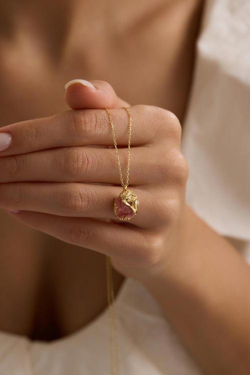 925 Ayar Gümüş Gold Kaplama Pembe Taşlı İlham Perisi Kolye