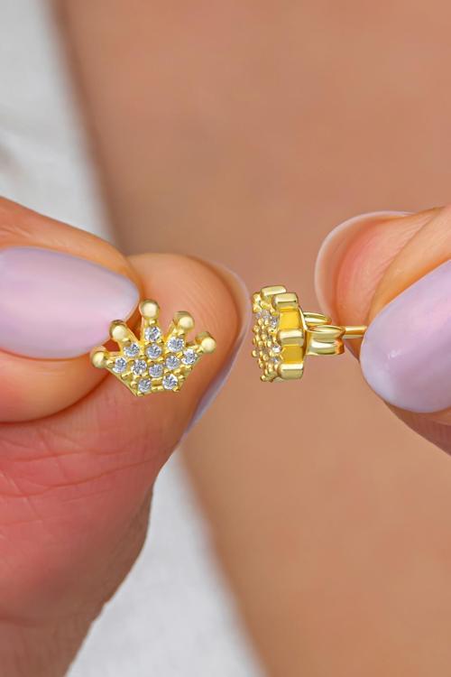 925 Ayar Gümüş Gold Kaplama Minimal Kral Tacı Küpe