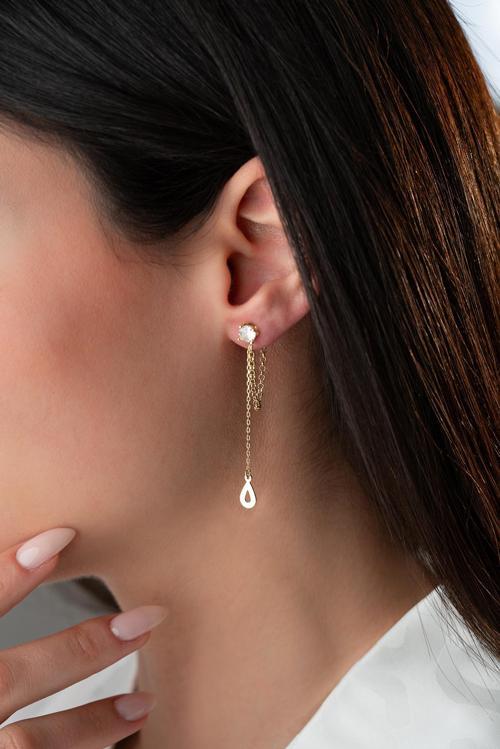 925 Ayar Gümüş Gold Kaplama 5 Mm Tektaş Sallantılı Zincir Su Damlası Model Küpe