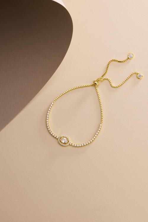 925 Ayar Gümüş Gold Kaplama Ayarlanabilir Asansörlü Su Yolu Damla Tektaş Model Bileklik