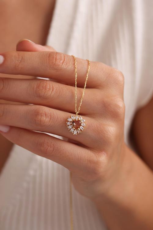 925 Ayar Gümüş Gold Kaplama Baget Taşlı Zultanite Taş Kalp Kolye