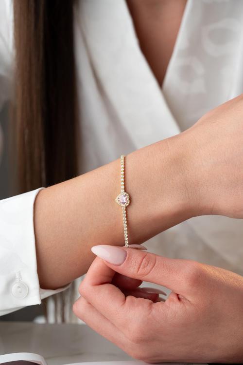 925 Ayar Gümüş Gold Kaplama Pembe Taşlı Kalp 2 mm Zirkon Taşlı Suyolu Bileklik 