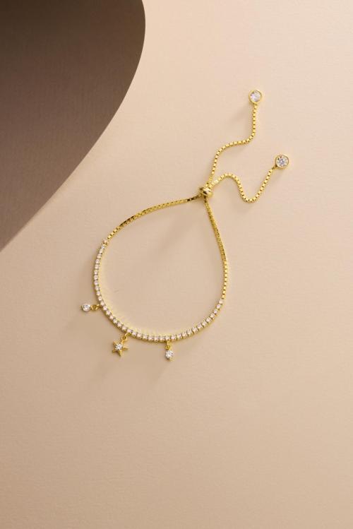 925 Ayar Gümüş Gold Kaplama Ayarlanabilir Asansörlü Su Yolu Sallantı Yıldız Model Bileklik