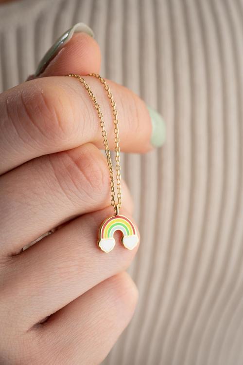 925 Ayar Gümüş Gold Kaplama Mineli Minimal Gökkuşağı Kolye