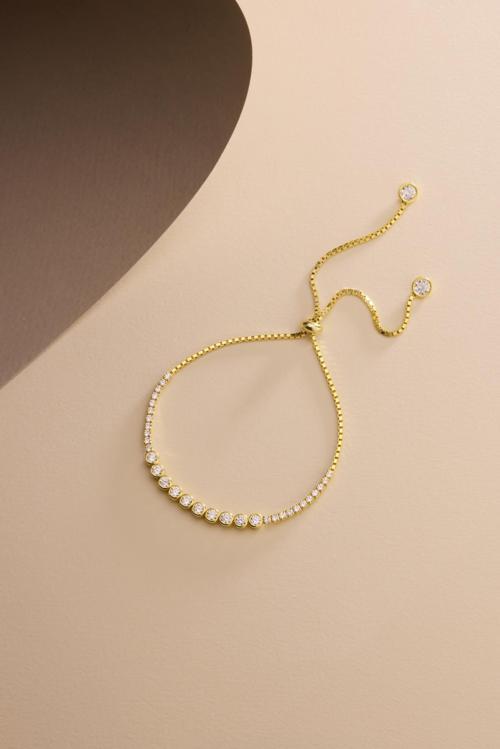 925 Ayar Gümüş Gold Kaplama Ayarlanabilir Asansörlü Su Yolu Sıralı 4 mm Taşlı Model Bileklik